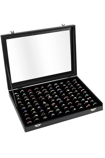 ÖZER KUTU 100 Pieces of Ring Plates with Glass Lid and Submerged Black Suede