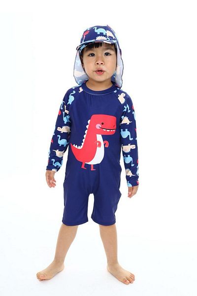 PODİUM GİYİM NEW SEASON CUTE DINASOR UV PROTECTED LONG SLEEVE ZIPPERED HAT BABY-KIDS SWIMSUIT SET