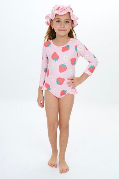PODİUM GİYİM TREND LONG SLEEVE BABY GIRL-KIDS SWIMSUIT WITH HAT, Ruffle ROPE STRAP, STRAWBERRY PATTERNED, UV PROTECTION