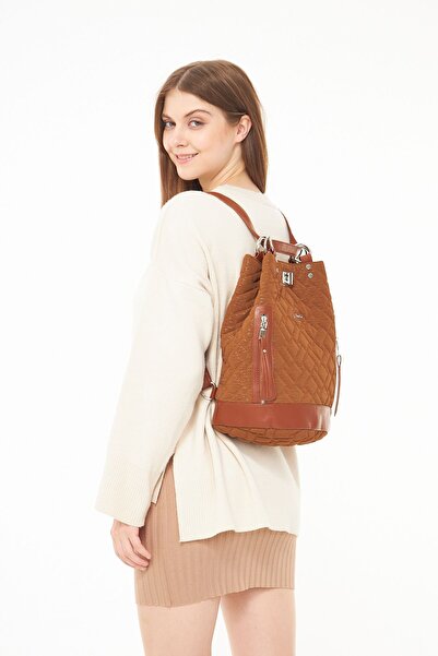 Morpelikan Γυναικείο σακίδιο πλάτης Tan Suede - Καπιτονέ κεντημένο και με κορδόνι περίσφιξης