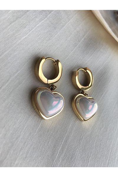 DUOMİNO Fcstore Italian Chain Pearlescent Heart Heart Steel Earrings Vintage