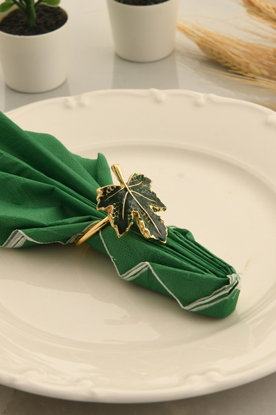 TR Turan Collection Chinaar Leaf 6-Piece Gold Luxury Napkin Ring, Green Enamel Leaf Decorated Napkin Ring