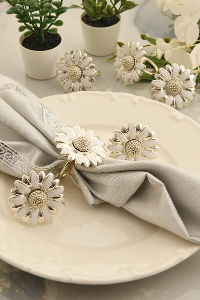 TR Turan Collection Papatya 6-Piece Silver Color Luxury Napkin Ring, White Enamel Flower Model Napkin Ring