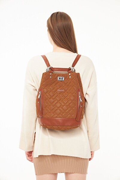 Morpelikan Γυναικείο σακίδιο πλάτης Tan Suede - Καπιτονέ κεντημένο και με κορδόνι περίσφιξης