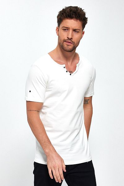 VERDONE Men's Ecru Pear Collar Button Detailed T-shirt