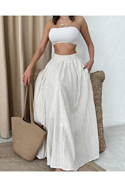 mdb Long Seersucker Pocket Skirt with Elastic Waist