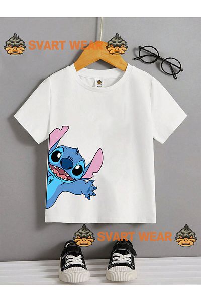 SVART WEAR Tricou pentru copii din bumbac imprimat cu gâtul rotund Disney Stitch