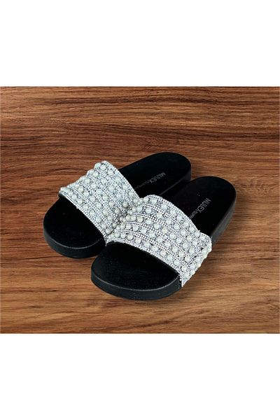 MULEX Silver Women's Slippers with Pearls - Comfort Sole