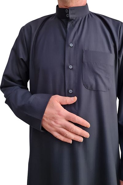 Royal Attire Hajj Umrah Saudi Design - Open Front Buttons, Long Sleeves and No Buttons, Pocketed Cellabiye