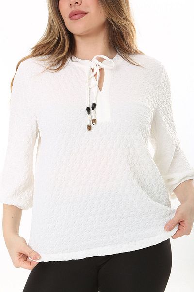Şans Women's Plus Size Bone Self Patterned Seersucker Collar Lace Up Capri Sleeve Blouse 65N37579