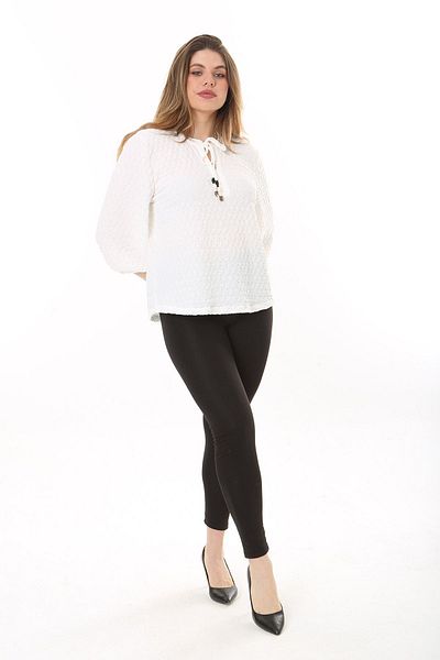 Şans Women's Plus Size Bone Self Patterned Seersucker Collar Lace Up Capri Sleeve Blouse 65N37579