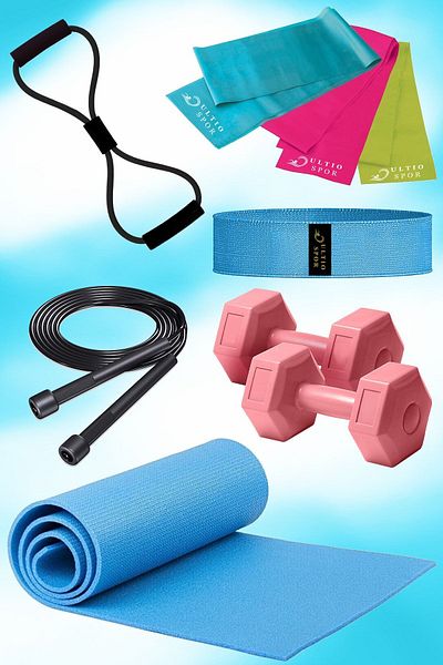Ultio Spor Set de Pilates, saltea de Pilates, bandă de rezistență, bandă de squats, gantere, frânghie de sărit, cauciuc tip fluture