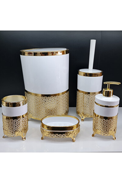 GuvenliPazar 5 Parça Yuvarlak Akrilik Ferforje Kafes Banyo Seti Beyaz Gold