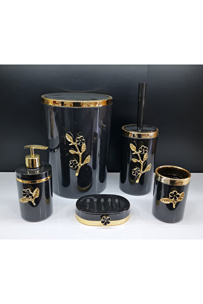 GuvenliPazar 5 Parça Yuvarlak Akrilik Banyo Seti Siyah Gold Papatya Desen