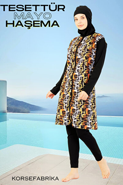 korsefabrika trend mood store TAM KAPALI TAYTLI DESENLİ BÜYÜK BEDEN TESETTÜR MAYO  TAKIM