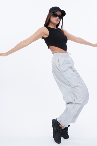 Primaro 4 Cepli Beli Lastikli Büzgülü Paçası Büzgülü Su Geçirmez Beyaz Paraşüt Pantolon