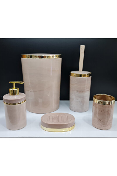 GuvenliPazar 5 Parça Akrilik Yuvarlak Banyo Seti Somon Mermer Gold Kromaj 5'li