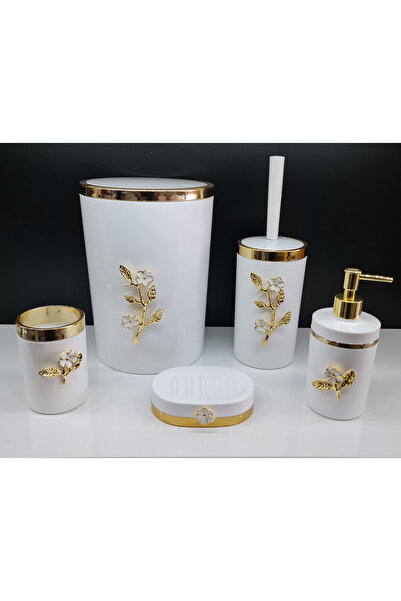 GuvenliPazar 5 Parça Yuvarlak Akrilik Banyo Seti Beyaz Gold Papatya Desen