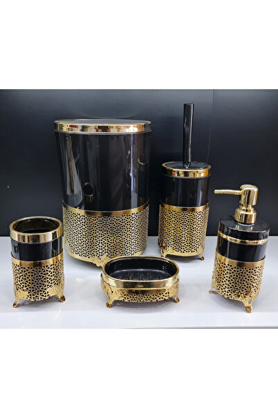 GuvenliPazar 5 Parça Yuvarlak Akrilik Ferforje Kafes Banyo Seti Siyah Gold