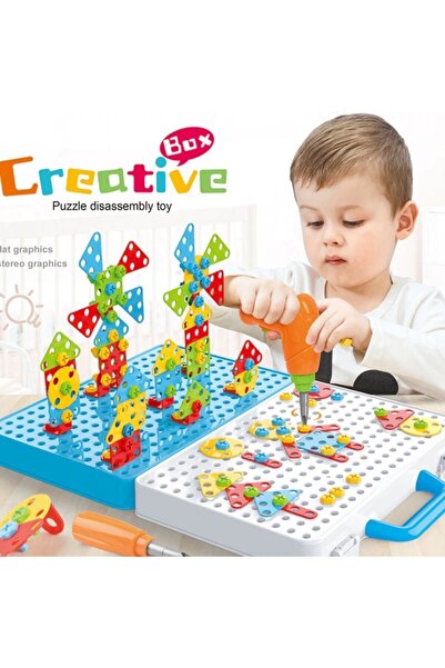 SAZE Oyuncak 3d Geometri Puzzle Çantalı Pilli Matkap Hayvanlar Puzzle