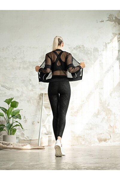 lismina Lorient Siyah Kendinden Desenli Deri Görünümlü Kumaş Spor Tayt