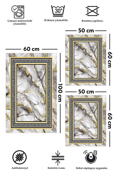 ALAADDİN CARPET Baza anti-alunecare rezistenta la pete Lavabila 3 piese (60x100) 2 (50x60) Covor de baie Covor de baie Set scaun de toaleta
