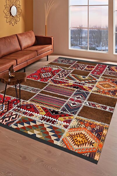 ALAADDİN CARPET Etnik Desen Dijital Baskı Yıkanabilir Kaymaz Taban Leke Tutma...