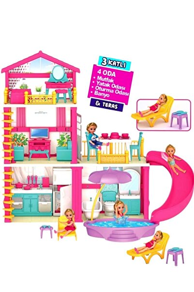 SAZE Oyunminyatür Ev 3 Katlı 4 Odalı Tatil Evi Kaydıraklı Teraslı Oyun Evi Tüm Aksesuarlar Dahildir Lola
