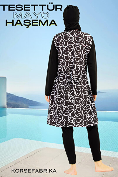 korsefabrika trend mood store TAM KAPALI TAYTLI DESENLİ BÜYÜK BEDEN TESETTÜR MAYO  TAKIM