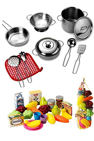 SAZE Metal Paslanmaz Çelik Oyuncak Tencere Tava Seti 11 Parça Aksesuarlı