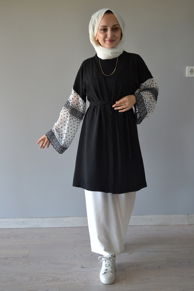 AYSUN AYDEMİR 2-Piece Lace Detailed Black and White Pants Kimono Set