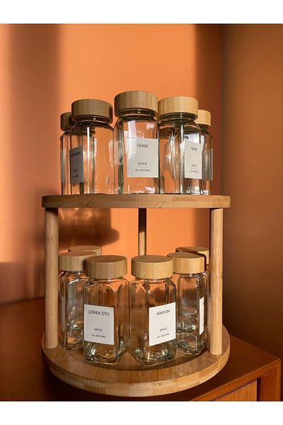 mübish Set of 12 Minimal Bamboo Glass - with Spice Rack and Labels