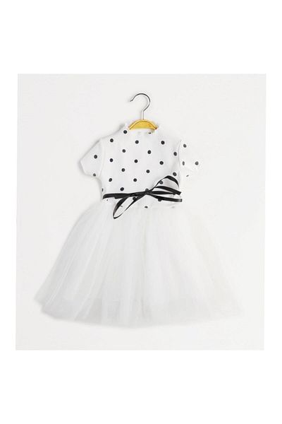 Şirin Şeyler Butiği Linda Short Sleeve Girls Princess Fluffy Ecru Dress Polka Dot Stretchy Lycra Dress Tutu Dress