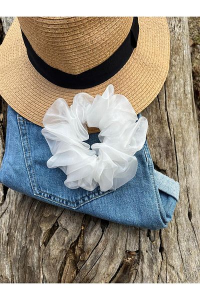 Melays Țesătură albă pentru scrunchie - mărime medie, cataramă tip covrigi, 1 bucată