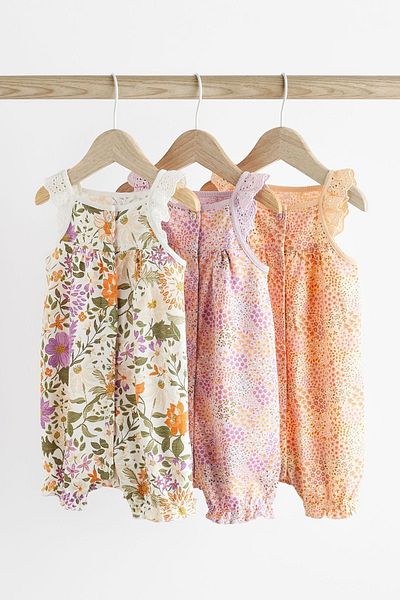 Next Baby Cream Floral Patterned 100% Cotton Strappy 3-Piece Romper Set