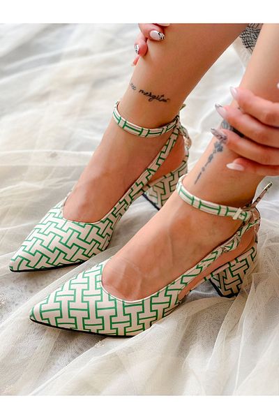 irmona Satin alb verde - Sandale clasice cu toc mic, cu vârf ascuțit, Dubai