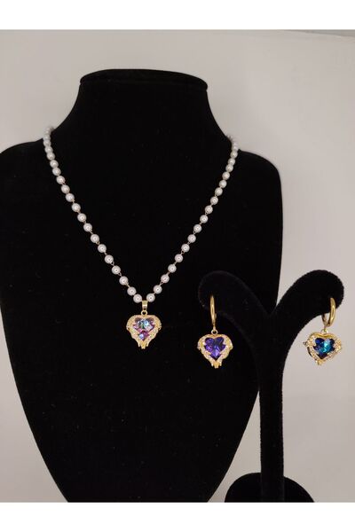 Romea Melek Kalbi İncili Kolye &  Melek Kalbi Küpe Takı Seti Altın Rengi