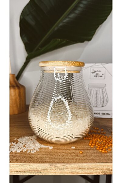 Luca Mia برطمان زجاجي منقوش بغطاء من الخيزران سعة 1000 مل