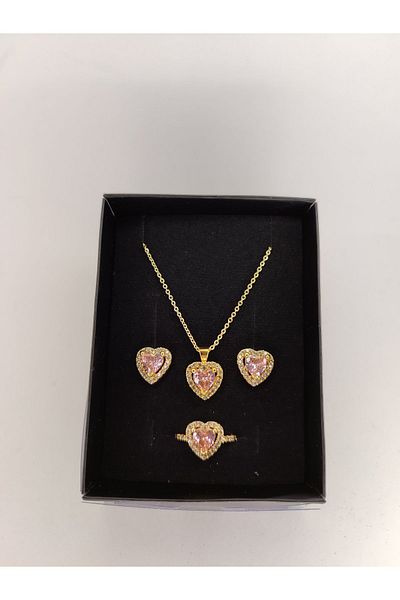 Romea Necklace-Earrings-Ring Jewelry Set Pink Jewelled Gold Color