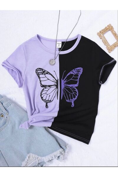 Renna Mood Lilac Black Butterfly Printed Combed Cotton T-Shirt