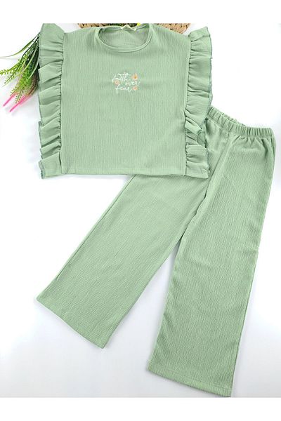 Butik Set dublu pentru fete - pantaloni și tricou de vară verde apă și roz somon, cu detaliu de broderie pe piept