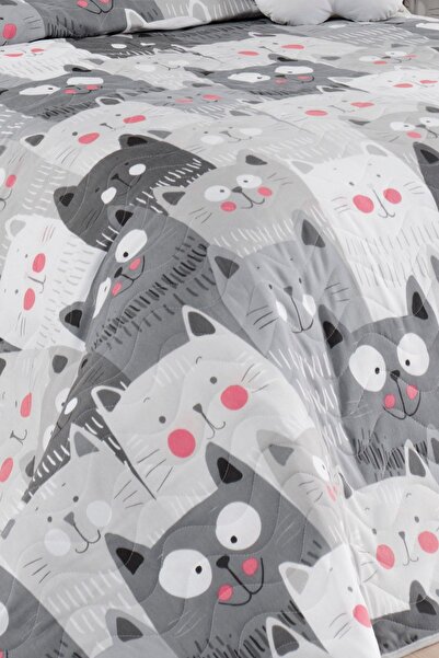 Enlora Home Kapitone Yatak Örtüsü Seti Tek Kişilik DuvardaKediler Gri