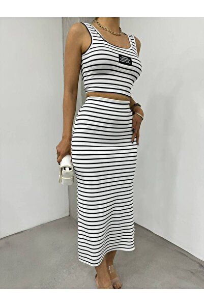 BİKELİFE Női szett csíkos Crop felsővel és Midi szoknyával