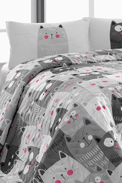 Enlora Home Kapitone Yatak Örtüsü Seti Çift Kişilik DuvardaKediler Gri