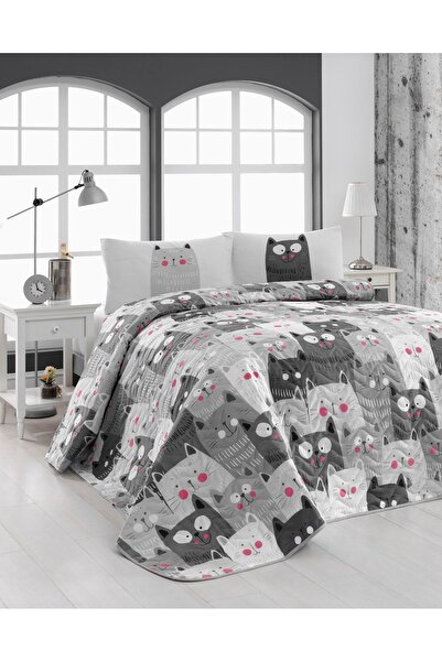 Enlora Home Kapitone Yatak Örtüsü Seti Çift Kişilik DuvardaKediler Gri