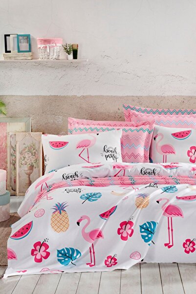 Enlora Home Baskılı Pike Takımı Çift Kişilik Kokteyl Beyaz