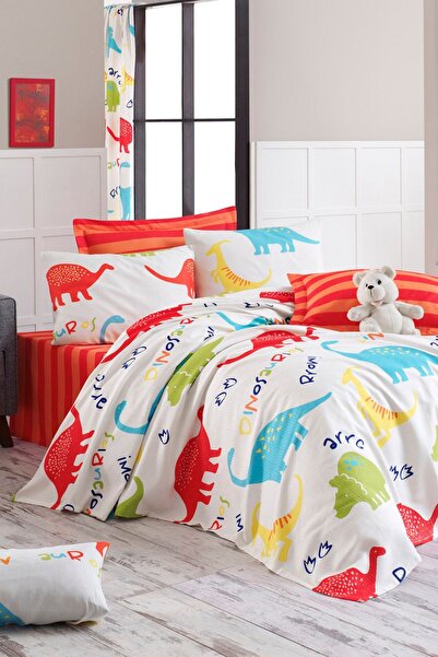 Enlora Home Desenli Pike Takımı Çift Kişilik Dinazorus Beyaz (Pike+Çarşaf+Yas...