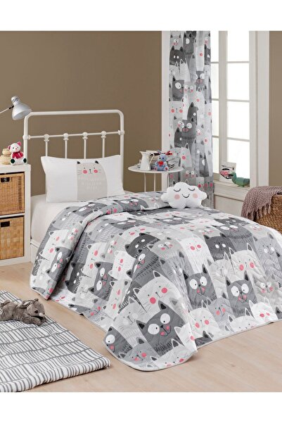 Enlora Home Kapitone Yatak Örtüsü Seti Tek Kişilik DuvardaKediler Gri