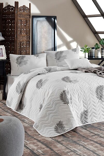 Enlora Home Kapitone Yatak Örtüsü Seti Çift Kişilik Palma Gri