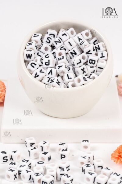 LANDOFACCESSORY 7x7 mm Square Cube - White and Black Letter Bead Keychain and...